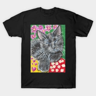 black cat flowers T-Shirt